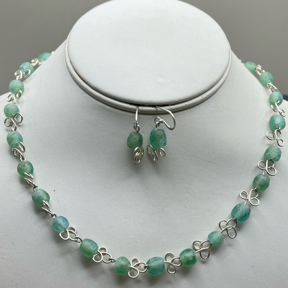 Elegant Handmade Sterling Silver and Recycled Glass Necklace and Earring Set